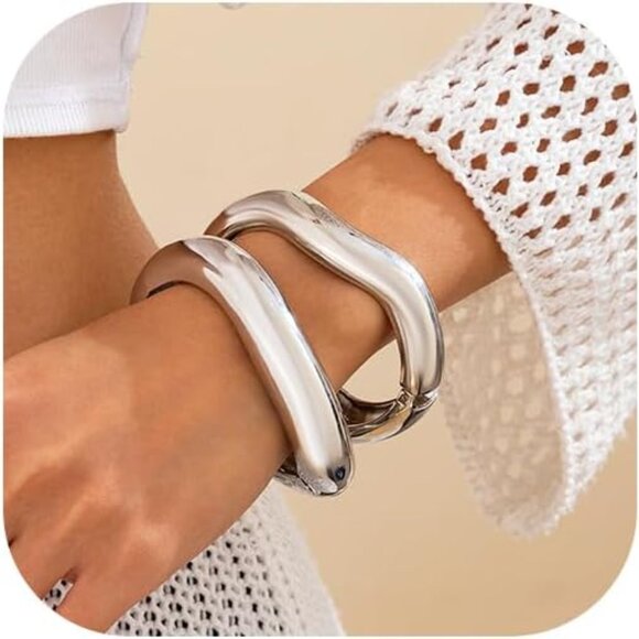 Gold wide chunky hinged cuff bracelet for women - minimalist design in alloy ste - Picture 1 of 6